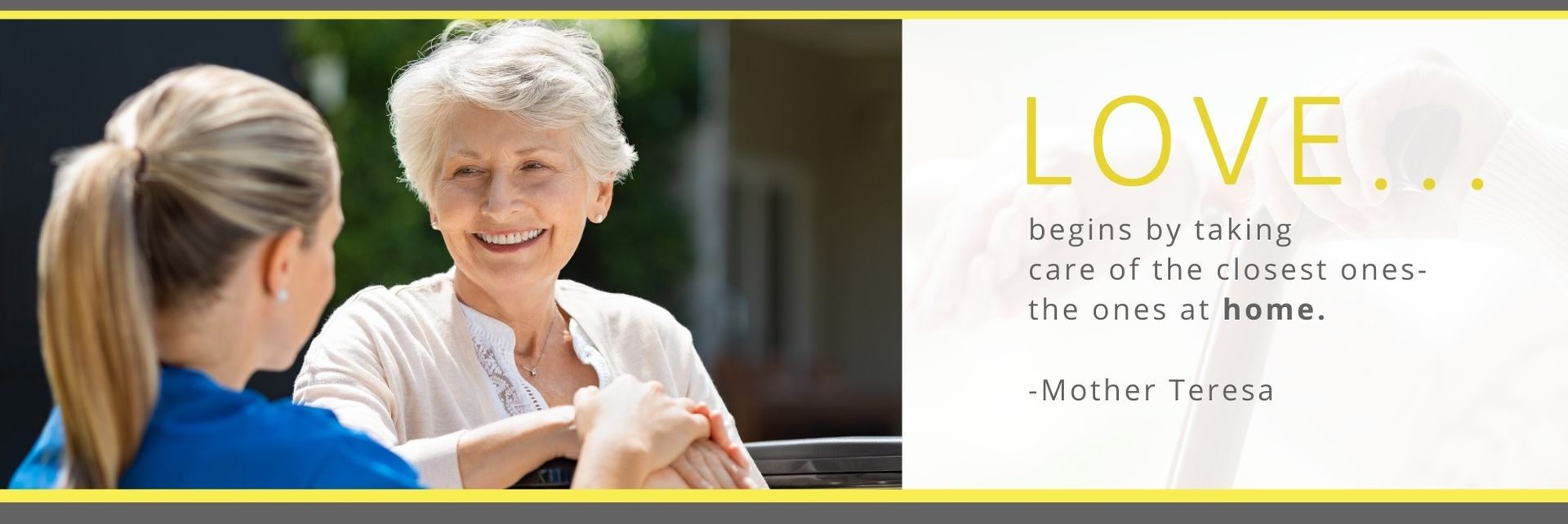 Smiling woman and caregiver sharing a moment, with the word “LOVE” on a white banner.