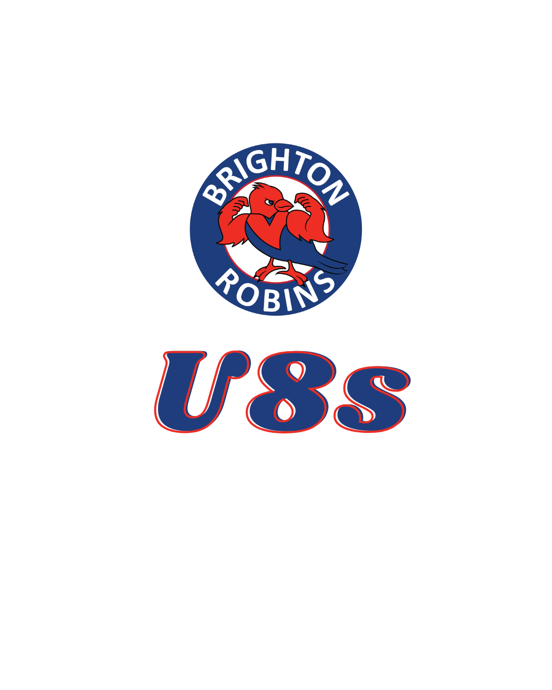 Logo for Brighton Robins U8s featuring a red robin mascot in a blue circular frame with white text.