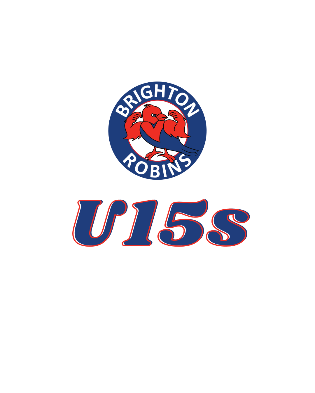 Logo for the Brighton Robins U15s sports team, featuring a stylized red robin mascot on a circular navy background.