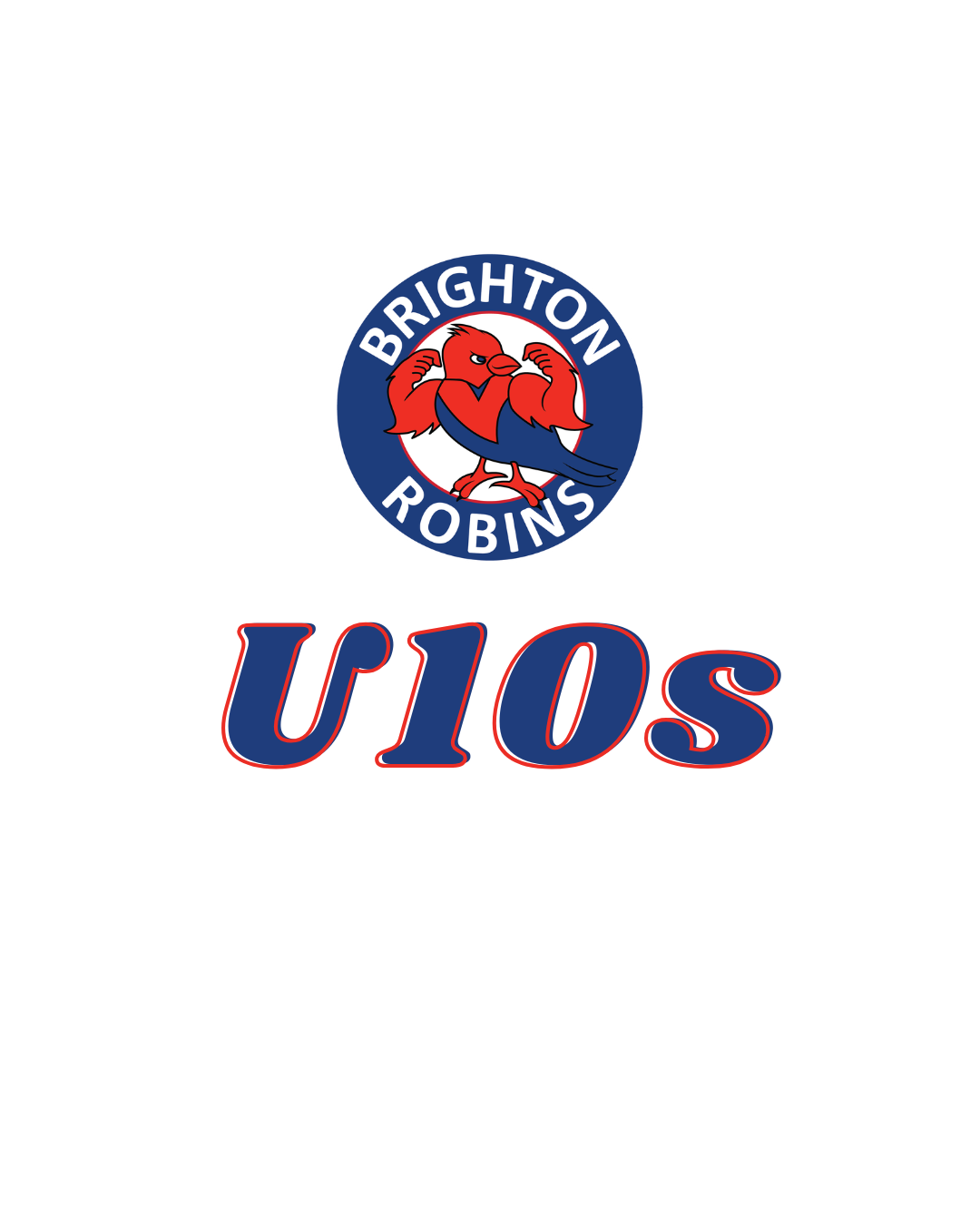 Logo for the Brighton Robins U10s sports team, featuring a stylized red robin mascot on a blue circular background.