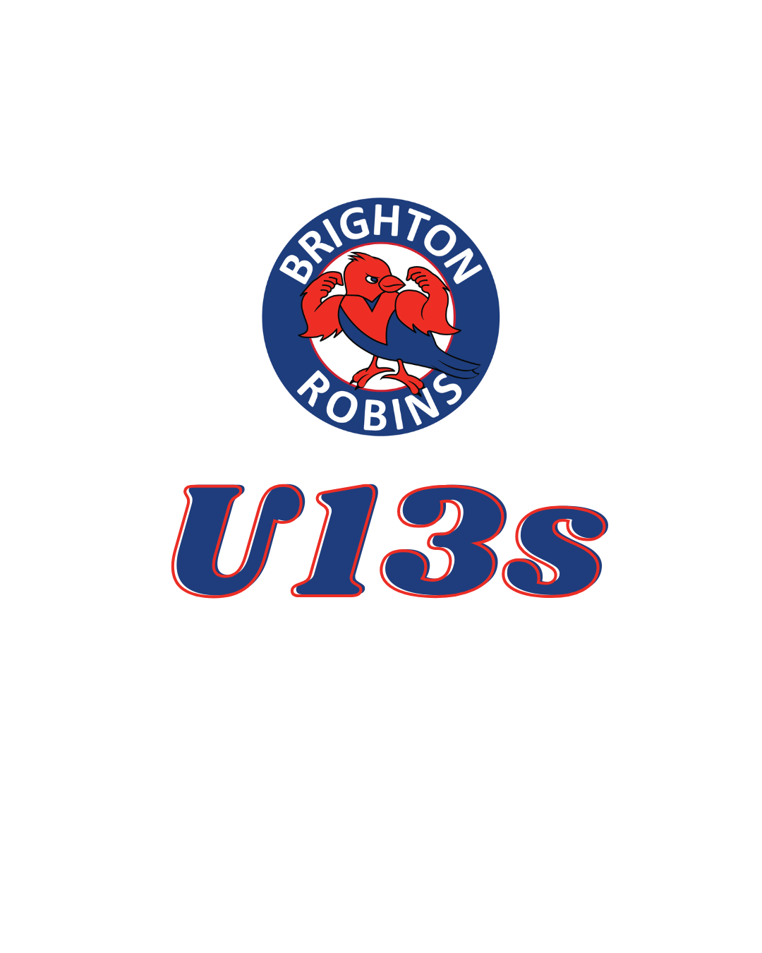 Logo for the Brighton Robins U13s sports team featuring a muscular red robin on a blue background.