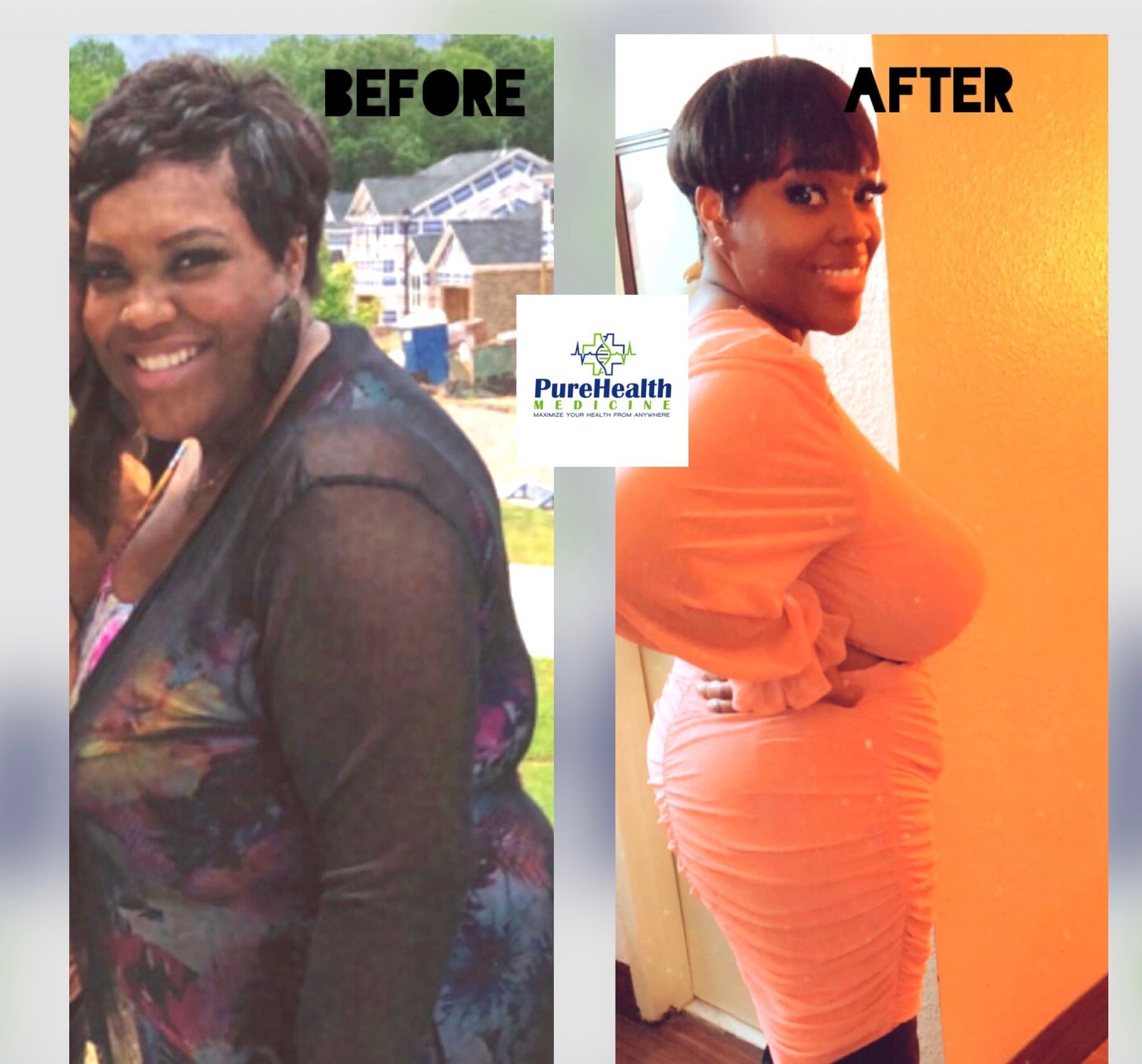 Before-and-after comparison of a smiling woman in a colorful dress and then an orange dress.