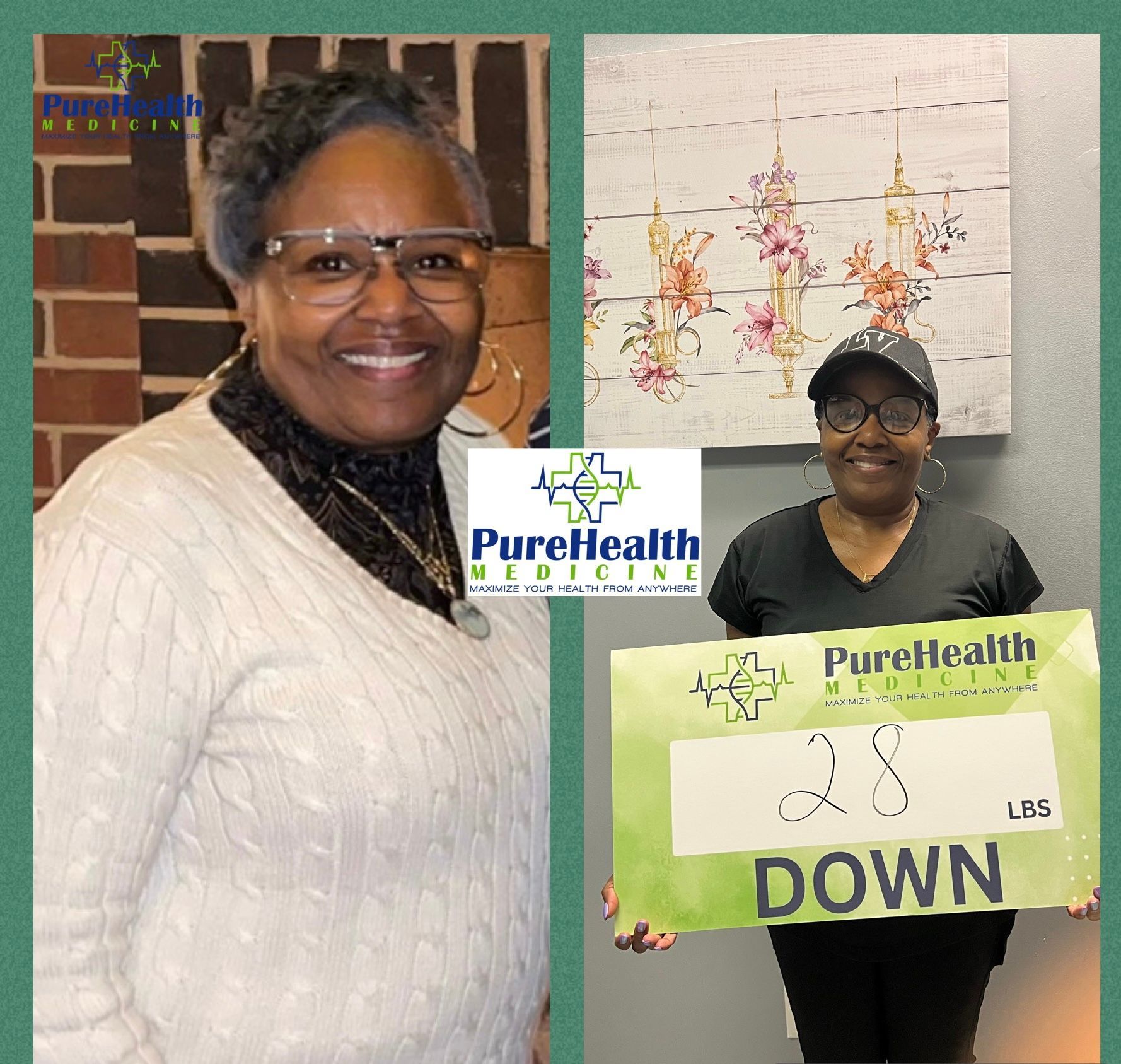 Woman in glasses smiles in a PureHealth collage with “28 DOWN” sign.