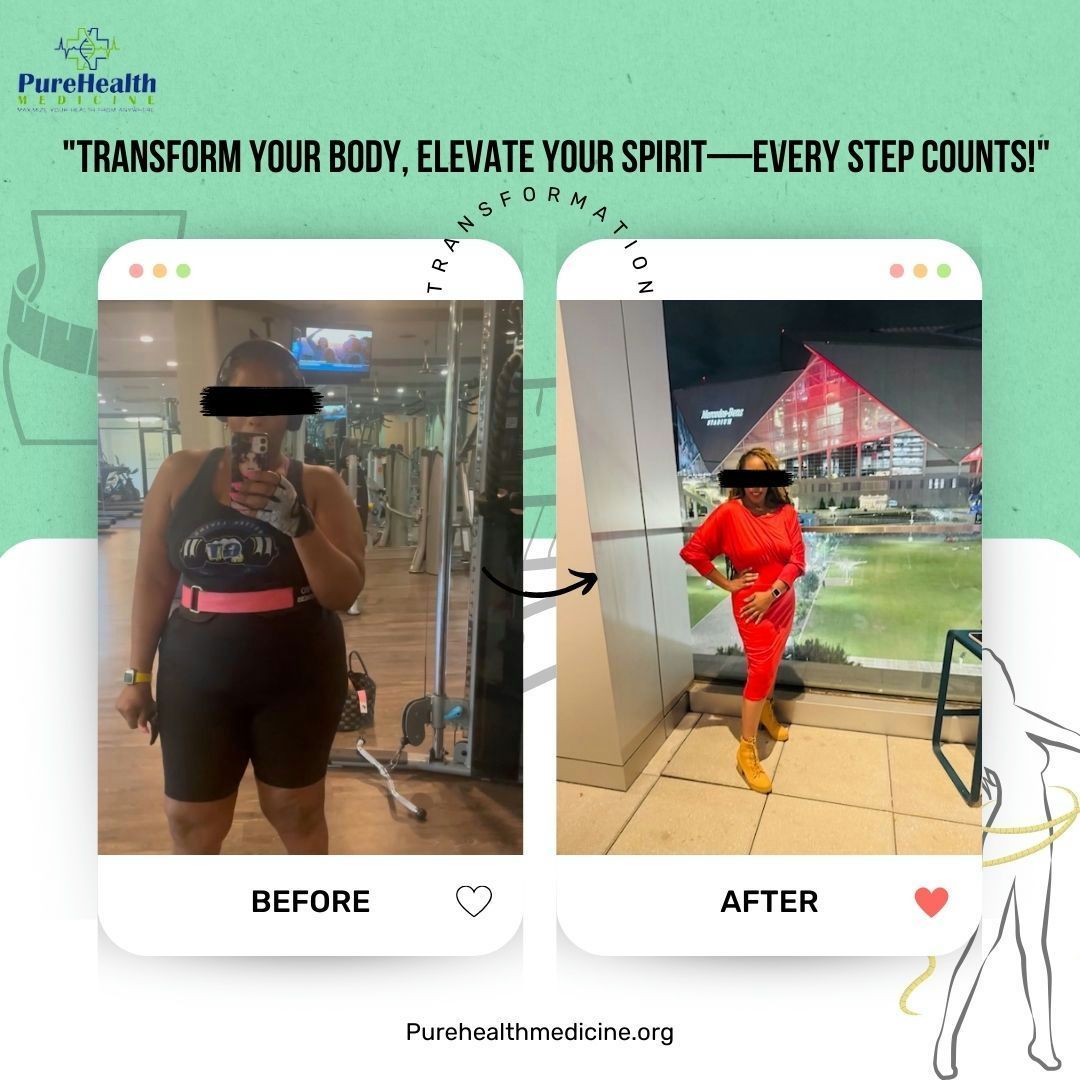 Before-and-after gym transformation collage with a person in black workout clothes, then red outfit posing indoors.