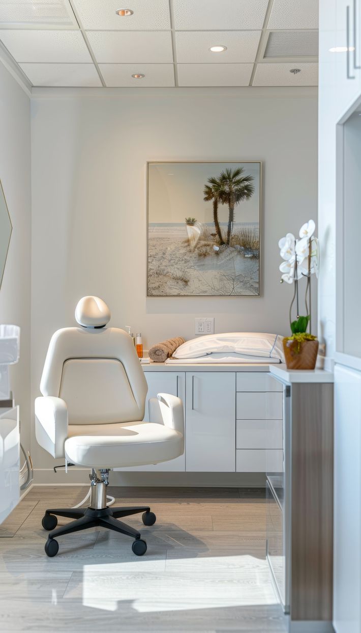 a medspa office with a chair, a flower vase and painting