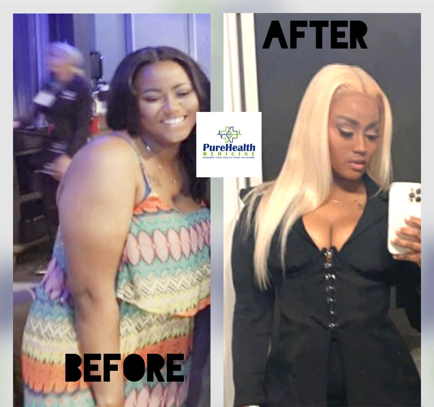 Before-and-after weight loss comparison: smiling woman in colorful dress beside selfie in black outfit and blonde wig