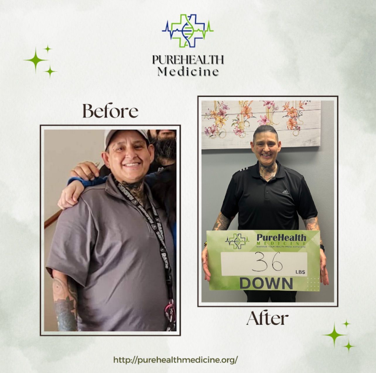 Before-and-after weight loss photo for PureHealth Medicine; person holding a