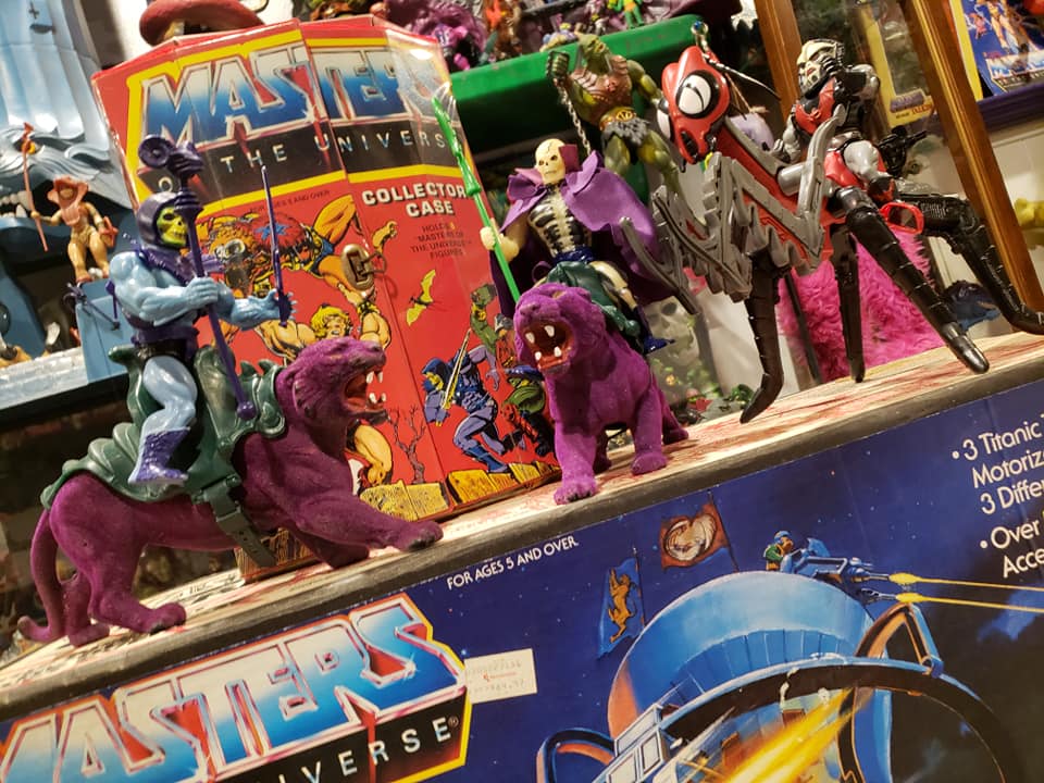 Masters of the Universe action figures including Skeletor on Panthor, other characters, and toy boxes.