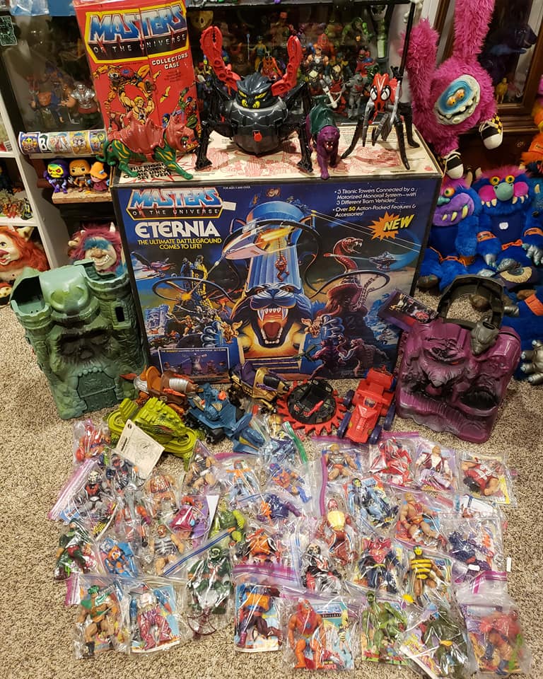 A large collection of vintage Masters of the Universe action figures, vehicles, and the Eternia playset on a carpet.