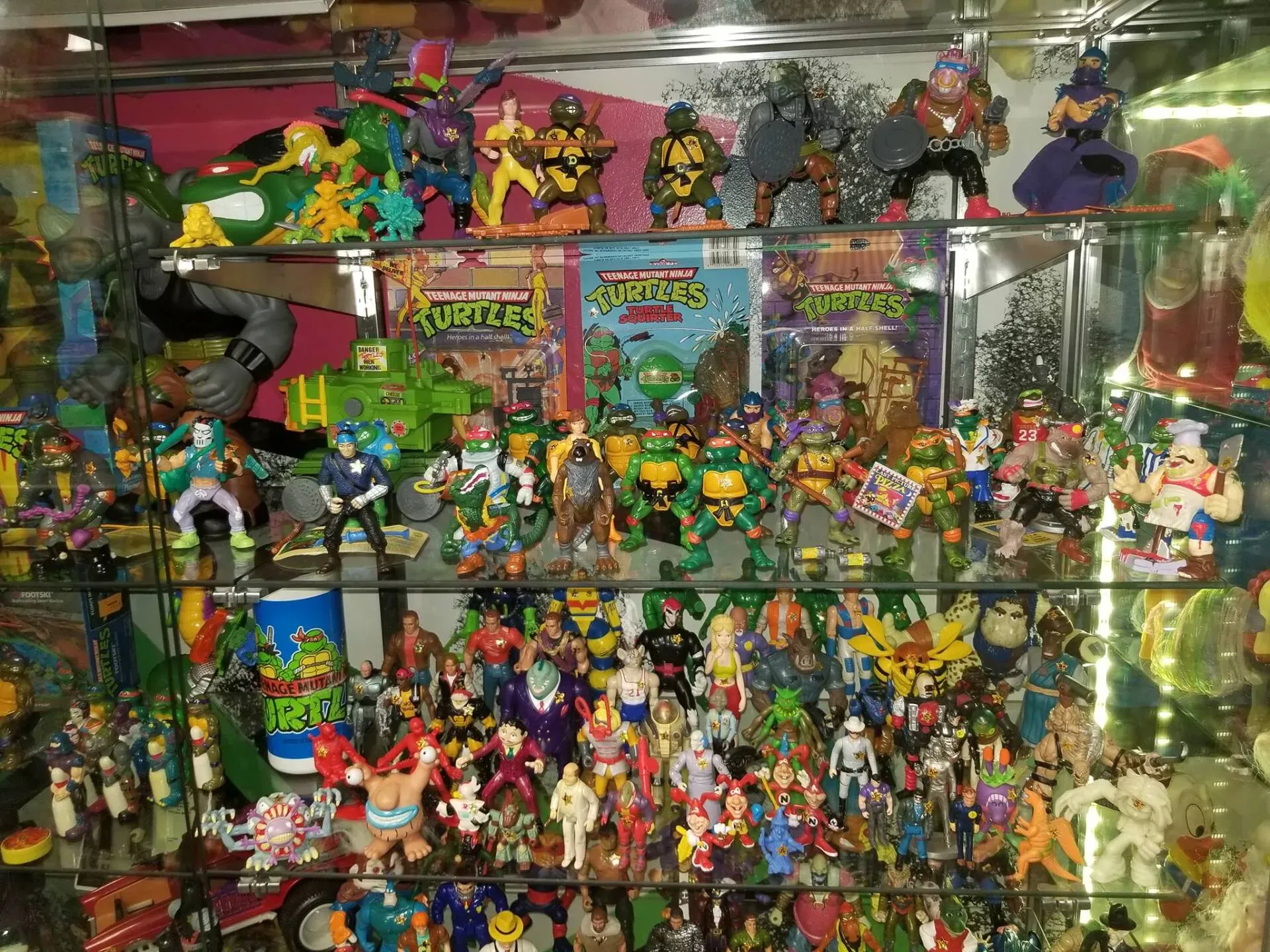 A display case filled with numerous Teenage Mutant Ninja Turtles action figures and collectibles on multiple shelves.