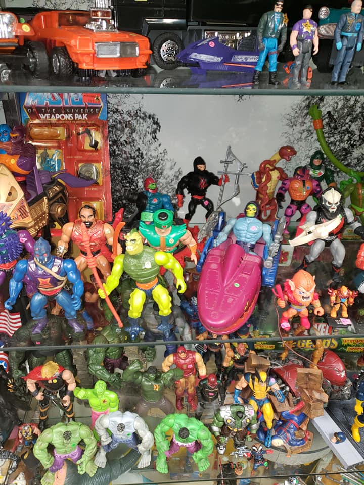 A collection of vintage action figures, including Masters of the Universe and superheroes, displayed on two glass shelves.