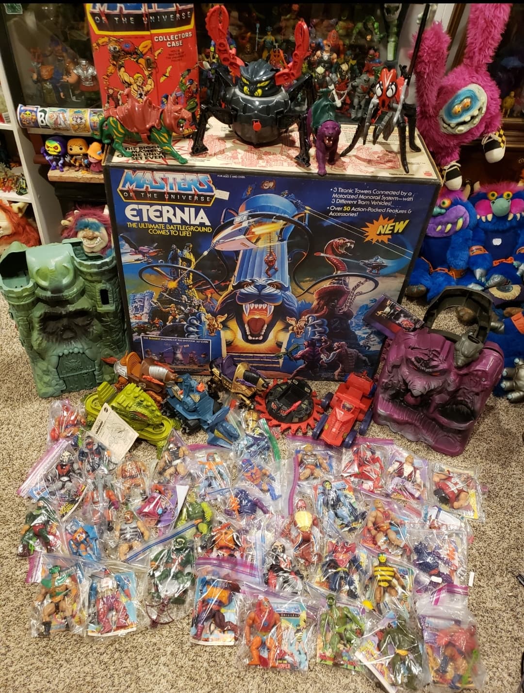 A large collection of Masters of the Universe toys, including the Eternia playset box, Castle Grayskull, and many figures.