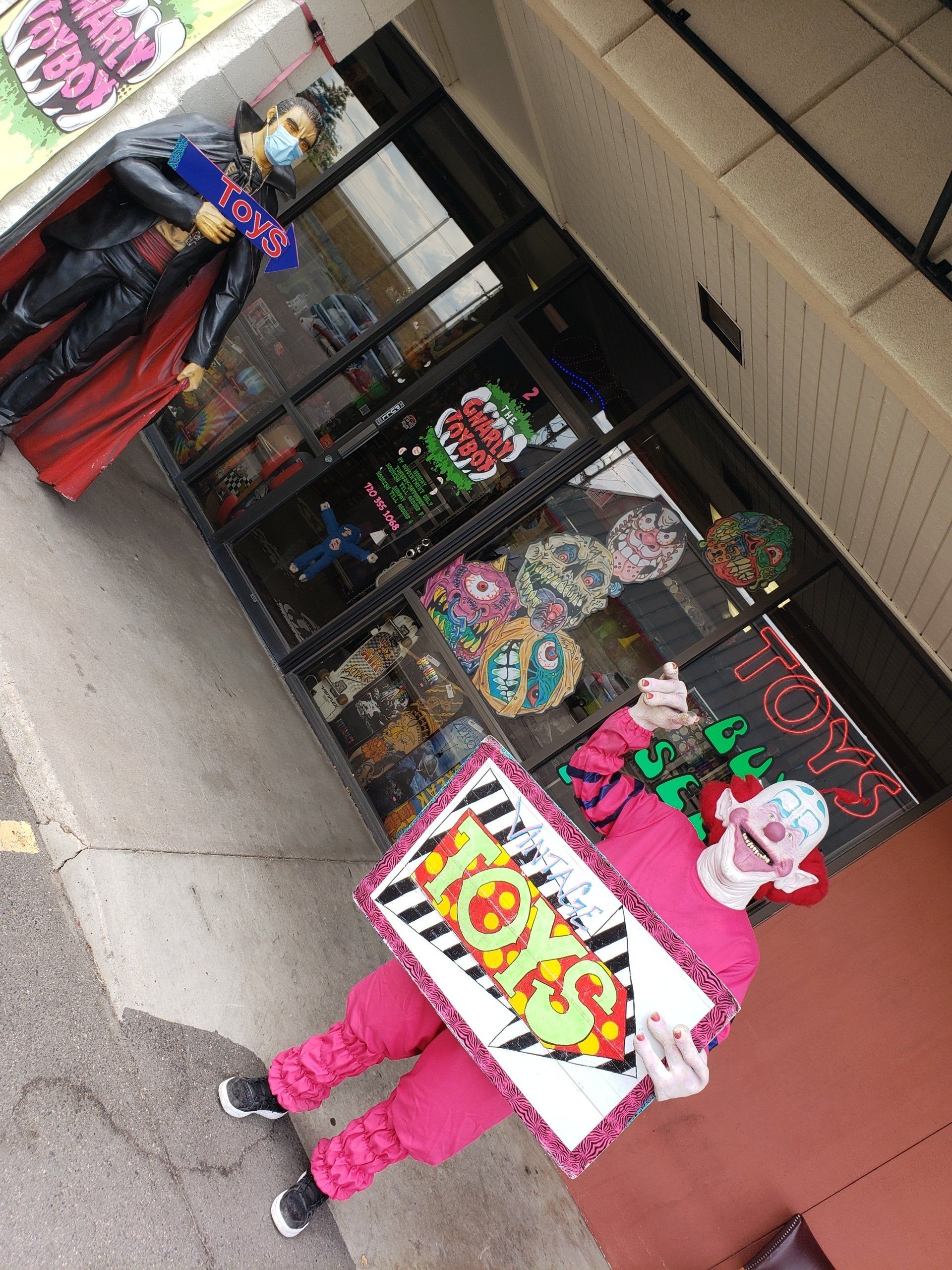 Dracula during Covid out front of The Gnarly Toybox