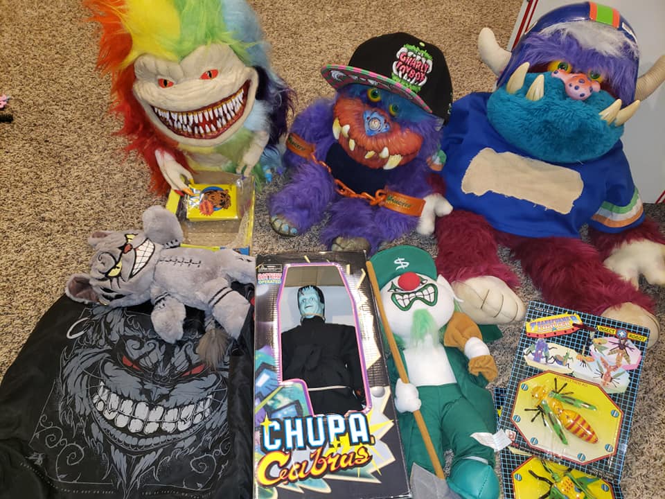 A collection of monster-themed plush toys, figures, and merchandise, including characters like Critters, My pet monster, beatuer and football my pet monster.