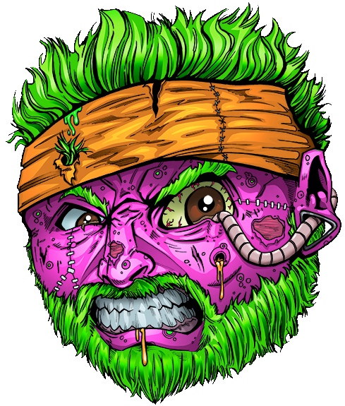 A stylized, neon-pink head with bright green hair and beard, wearing an orange headband with a robotic eye and tubing.