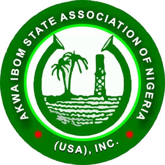 Circular green logo: Akwa Ibom State Association of Nigeria, (USA), Inc. with palm trees, oil rig, and text.