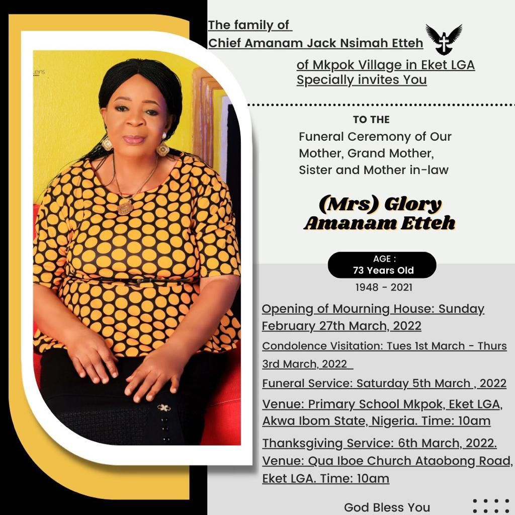 Funeral invitation for Mrs. Glory Amanam Etteh, with photo of the deceased.