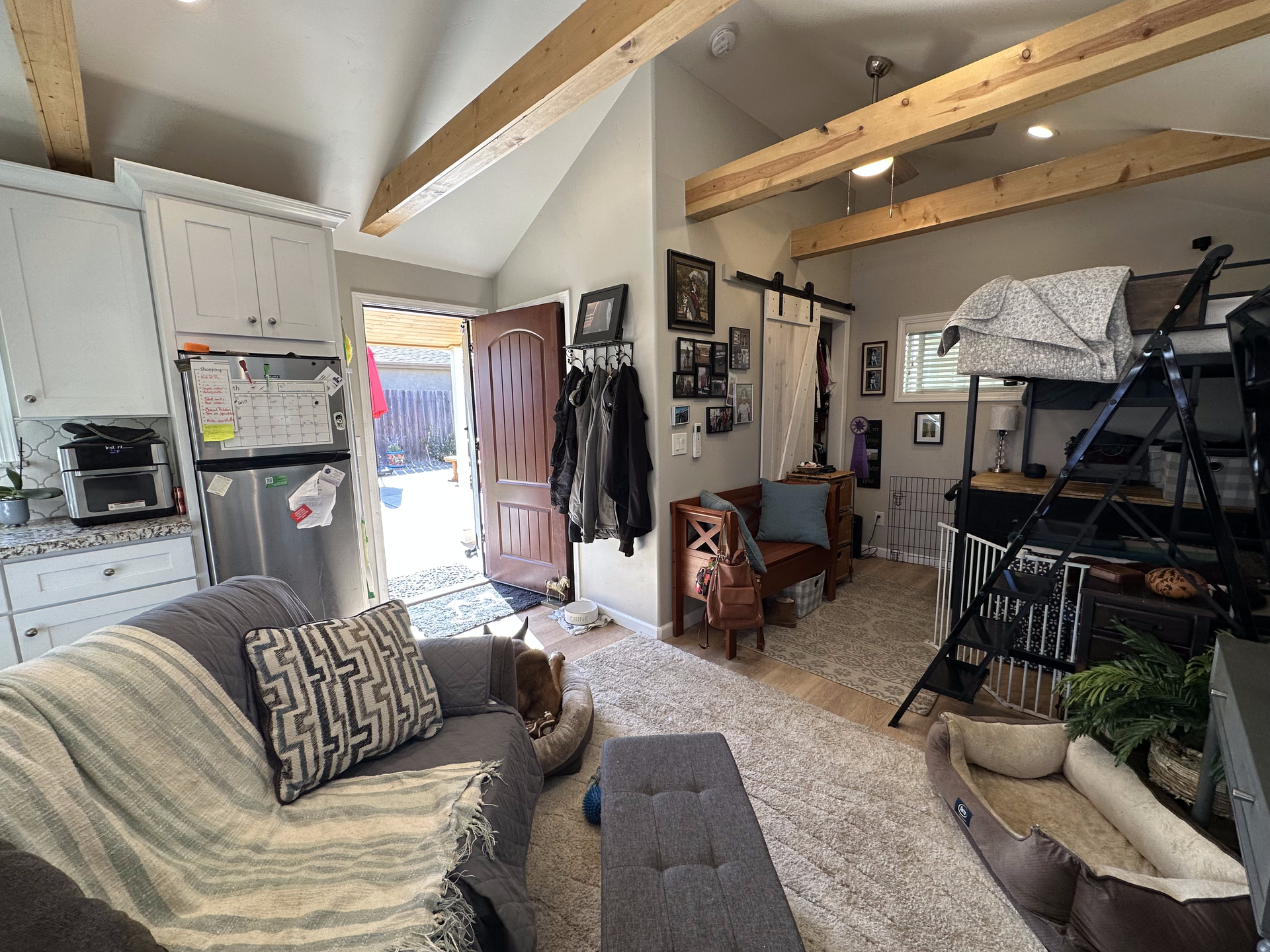 Cozy, furnished small living space with a loft bed and an open door to a backyard.