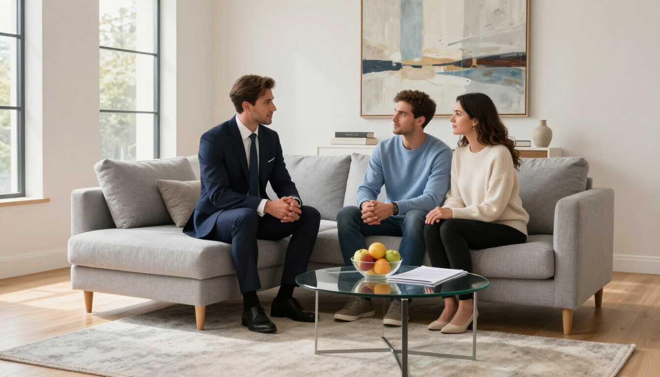 Three people talking on a gray sofa in a bright living room with a coffee table and abstract wall art.