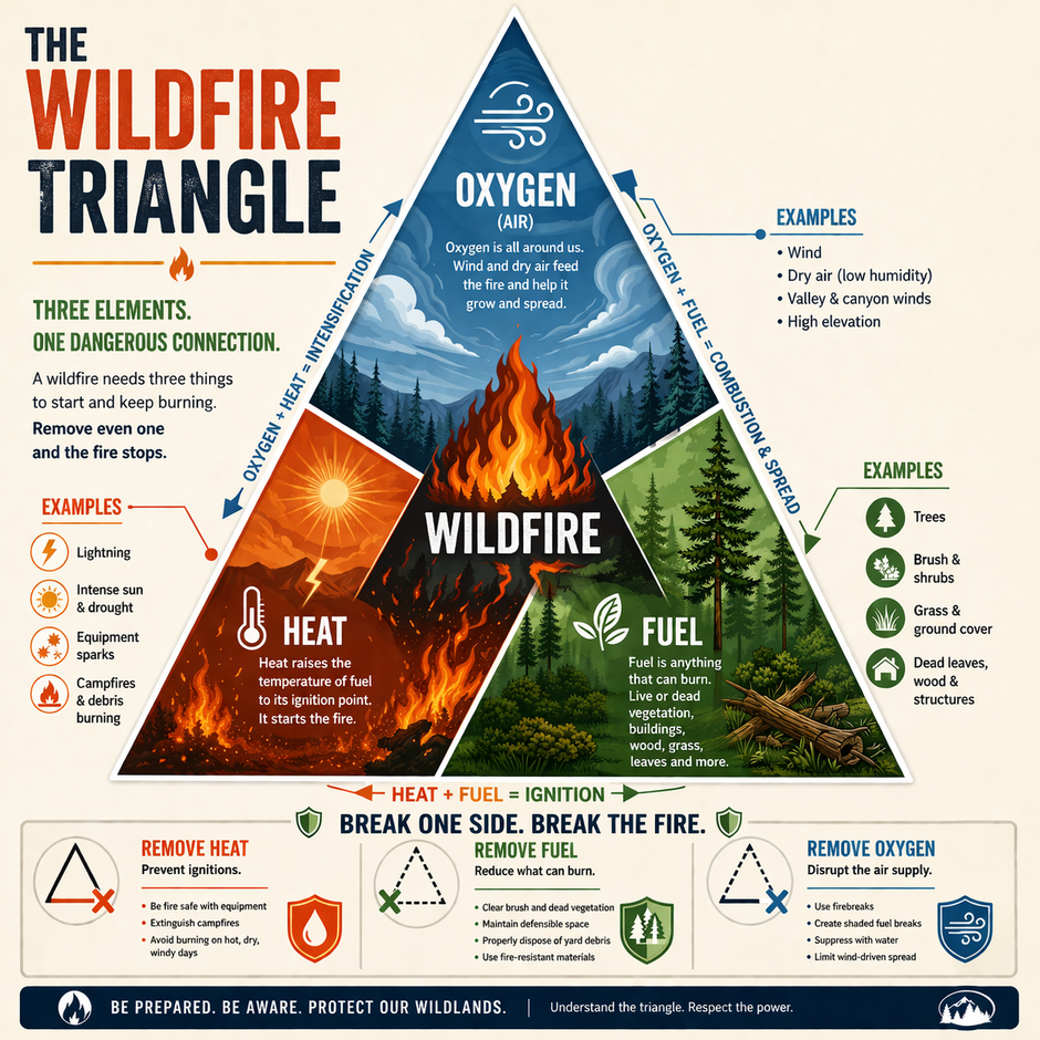 Wildfire triangle infographic showing oxygen, heat, and fuel around a fire illustration.