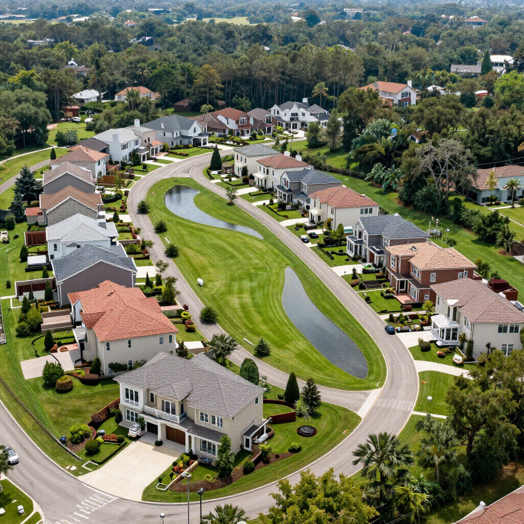 Aerial view of a curved suburban street with rows of houses and a landscaped central greenbelt with a pond.