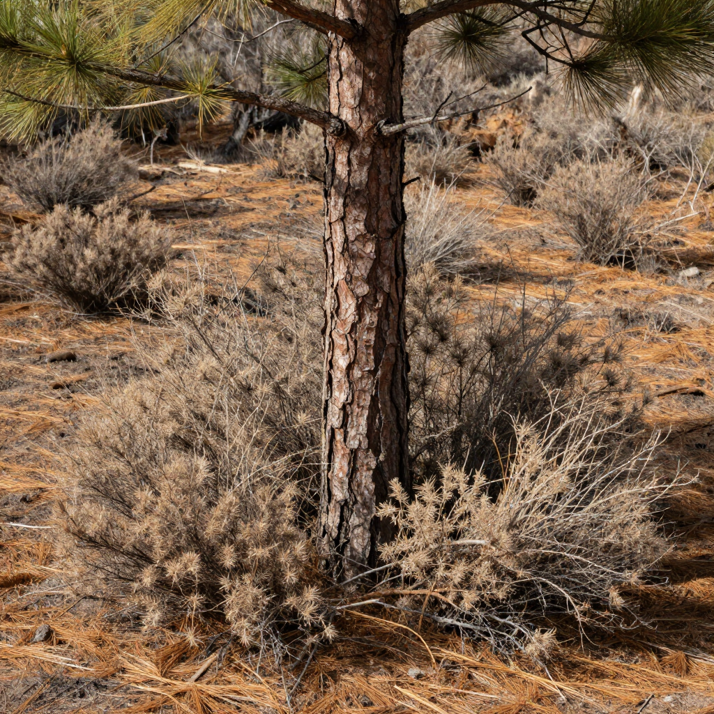 Pine tree trunk in a dry, scrubby desert landscape with brown brush and rocks
