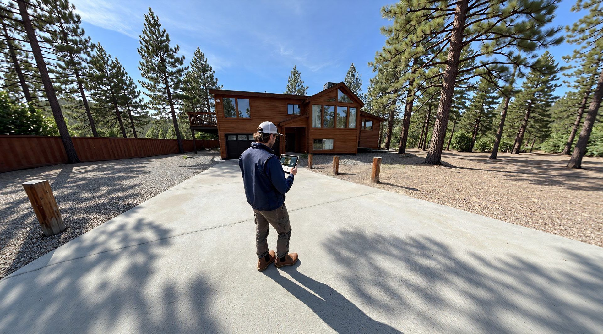 Person on a gravel driveway facing a cabin in a pine forest, with clear blue sky.