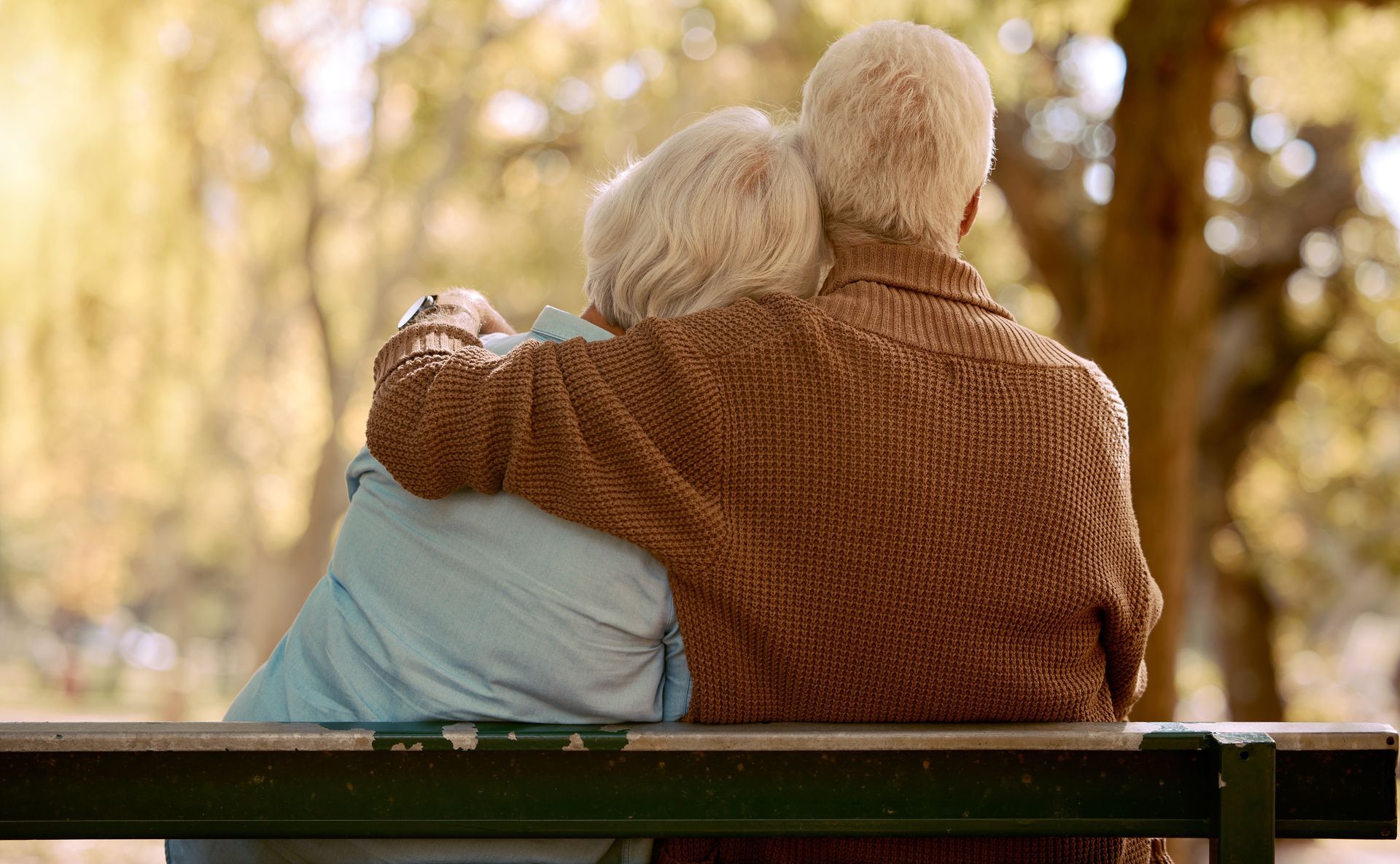 Two people sitting on a bench in a park, one with their arm around the other, viewed from behind.
