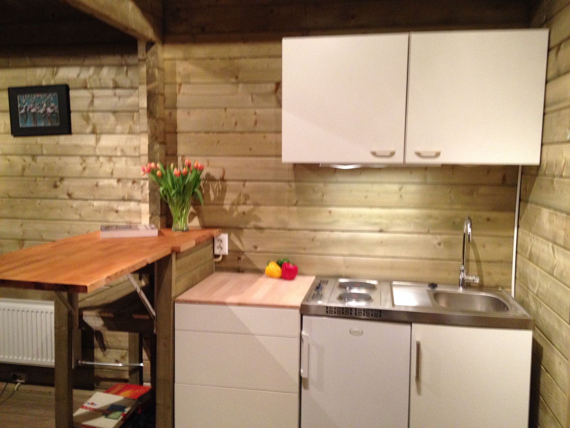 Kleine keuken met witte kastjes, spoelbak, aanrecht en houten bar onder een schuin houten plafond.