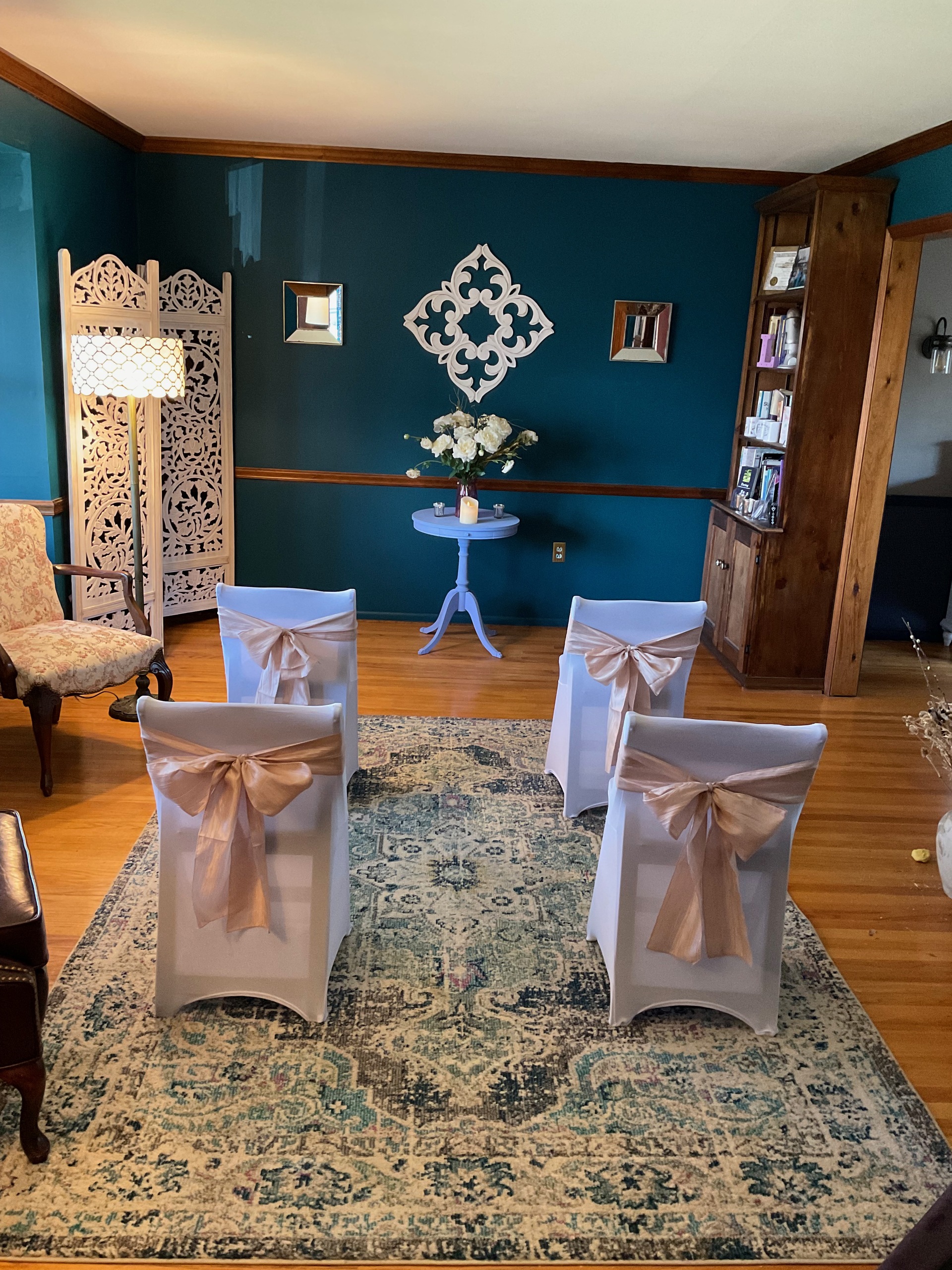 Pale Pink sashes WEdding Room