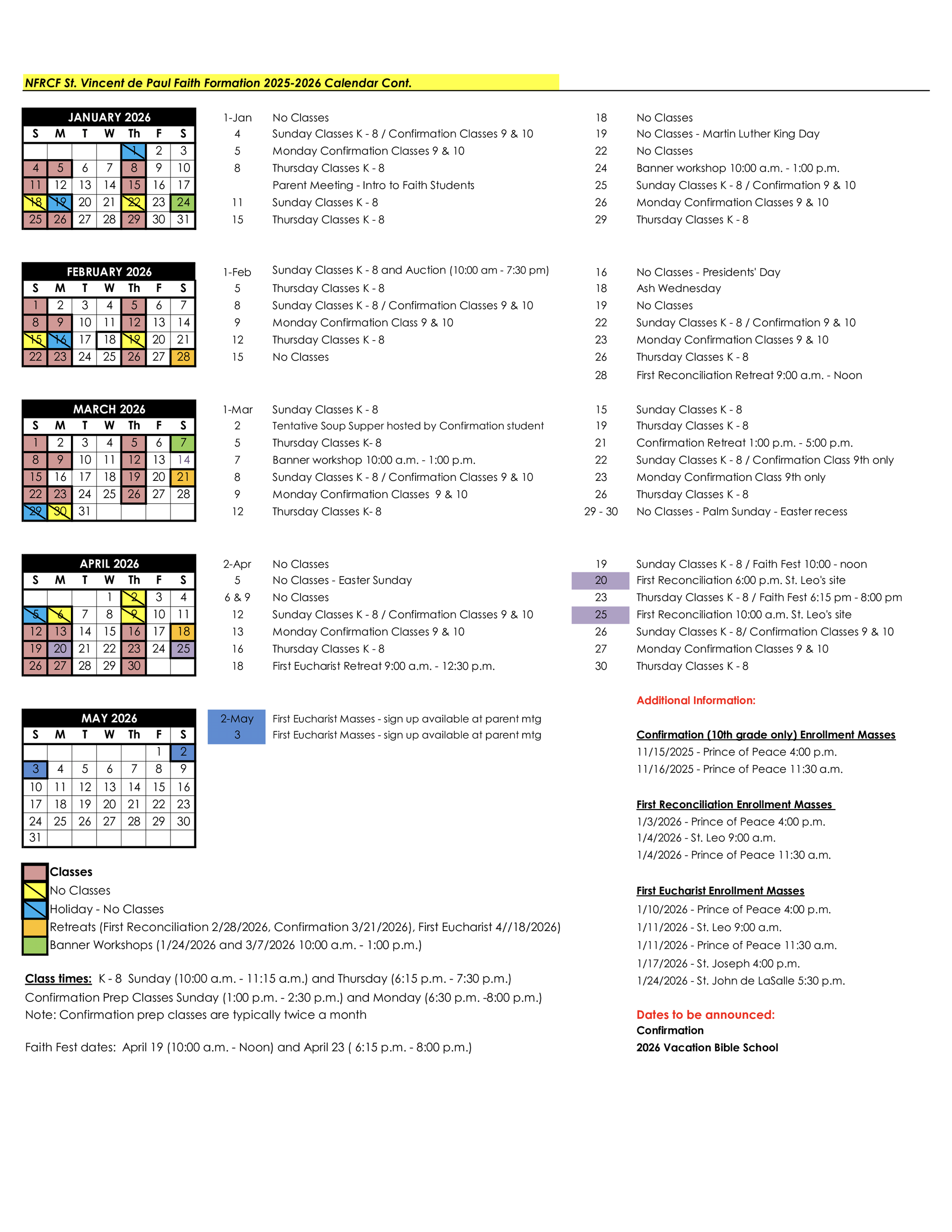 Calendar with weekly schedules for several months, color-coded, with key events listed.