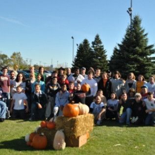 Group of people by pumpkins on a sunny day.