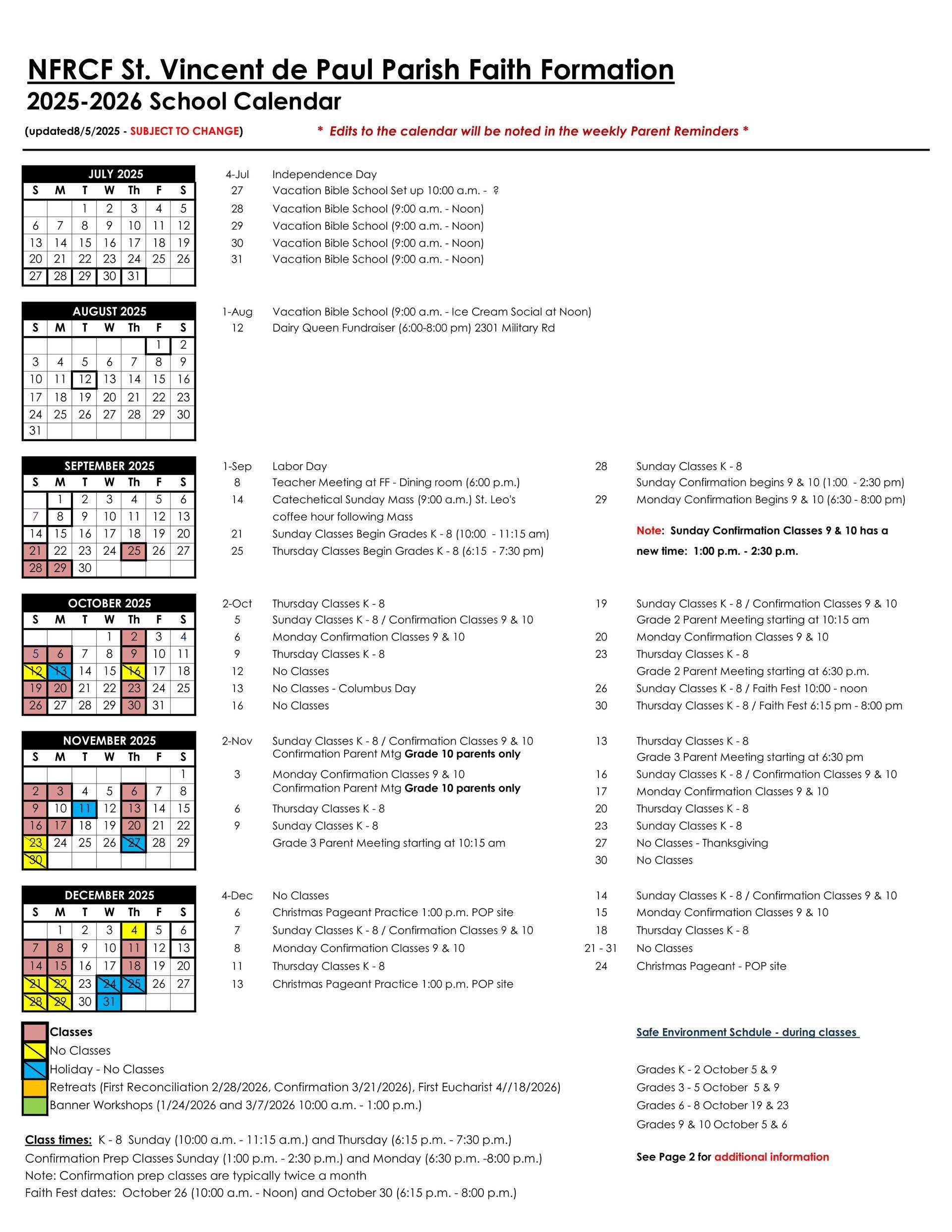 NRCF St. Vincent de Paul Parish Faith Formation 2023-2024 School Calendar.