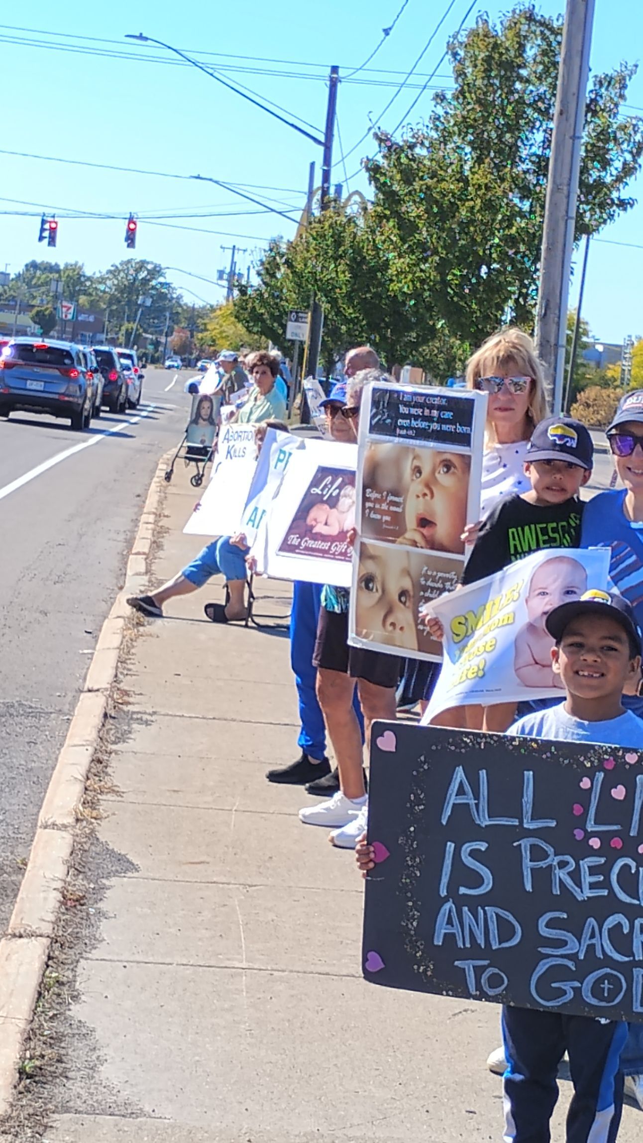 People holding signs on a sidewalk next to a road, some displaying images and text, under a sunny sky.