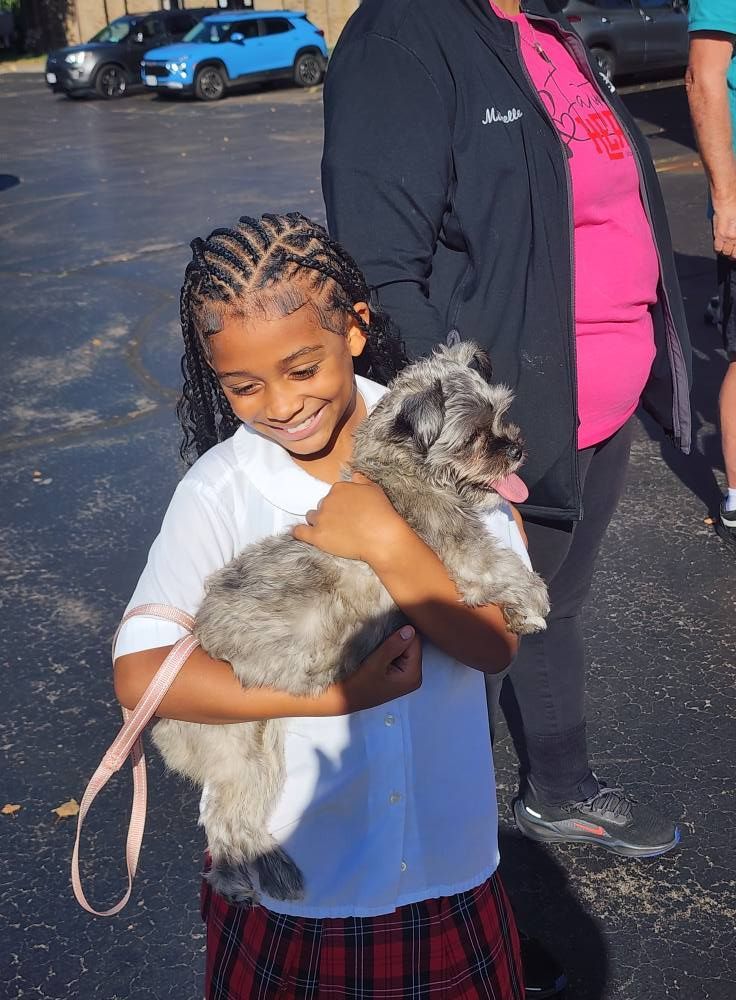 Girl in uniform smiles, holding a gray dog outdoors; leash visible.