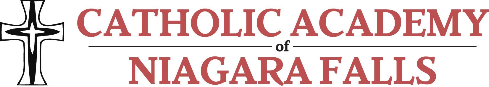 Logo for Catholic Academy of Niagara Falls: cross and text on a white background.