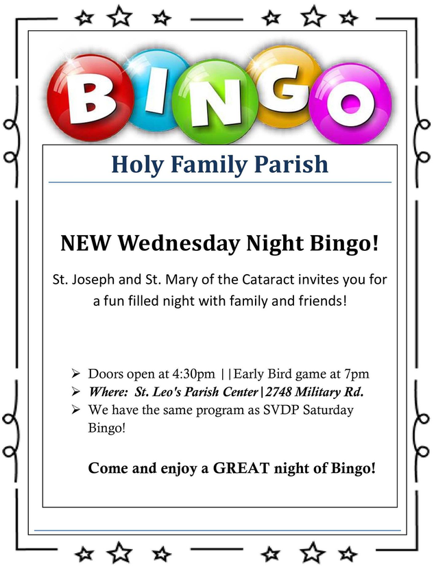 Bingo night flyer for Holy Family Parish with game details.