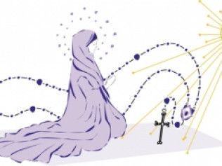 Woman in purple robes kneeling with rosary, sun rays and crucifix.