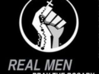 Black and white logo: fist holding a rosary and crucifix, encircled, with 