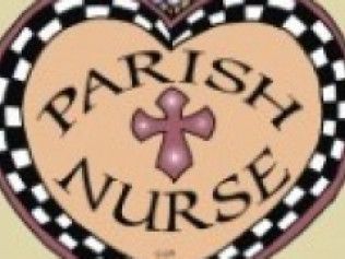 Parish Nurse logo: heart-shaped design with text, cross, and checkerboard border.