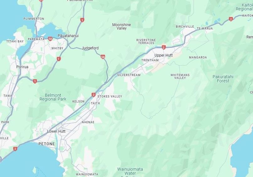 A map of a city and surrounding areas.