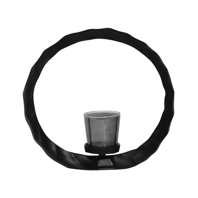 Een zwart, rond frame met een klein grijs prullenbakje in het midden onderaan.