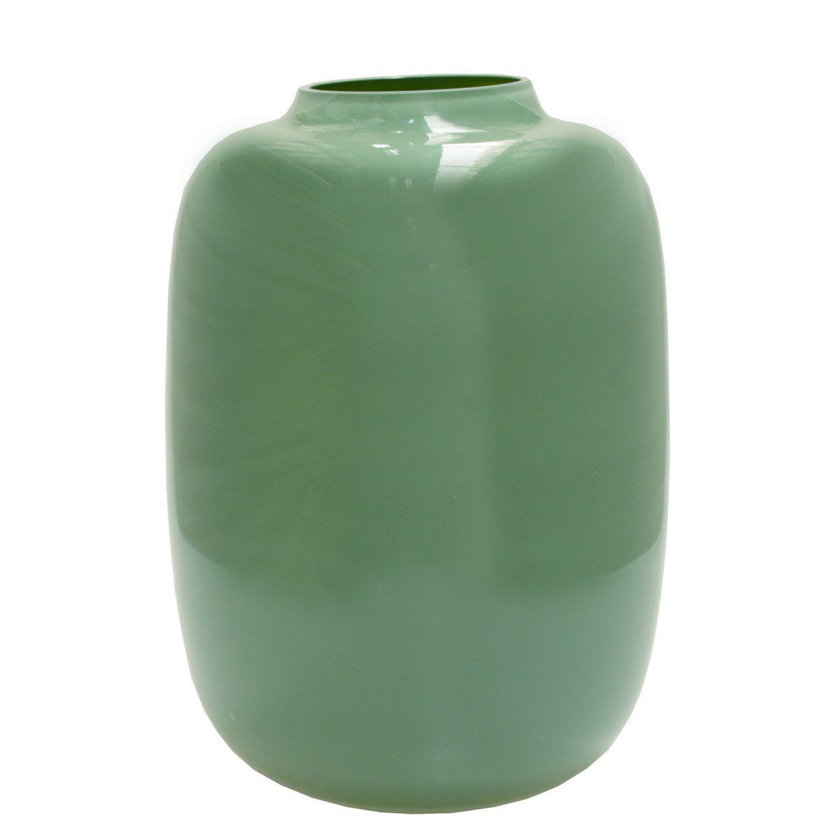 Groene, ovale vaas met een gladde, glanzende afwerking.