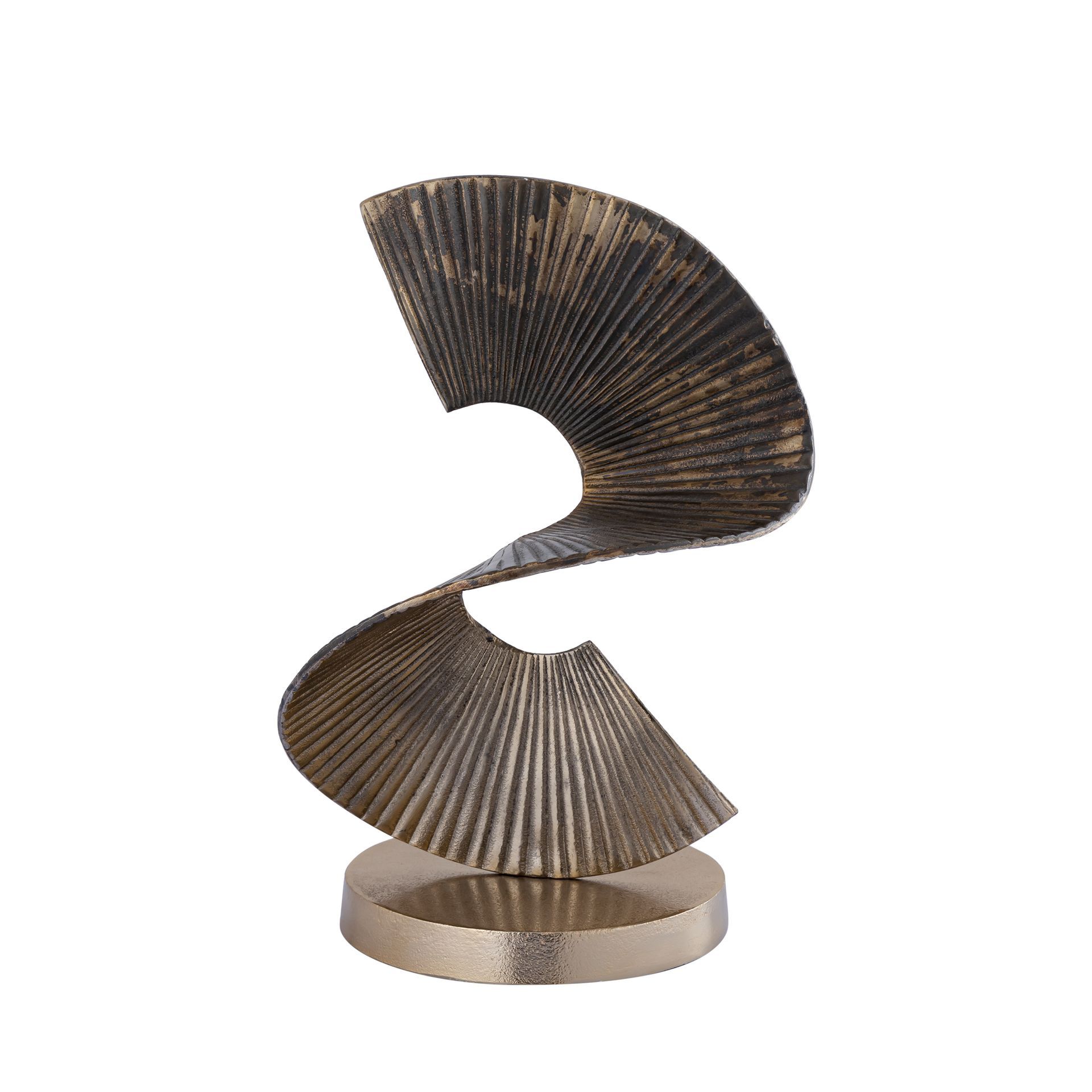 Abstracte bronzen spiraalsculptuur op een ronde sokkel.