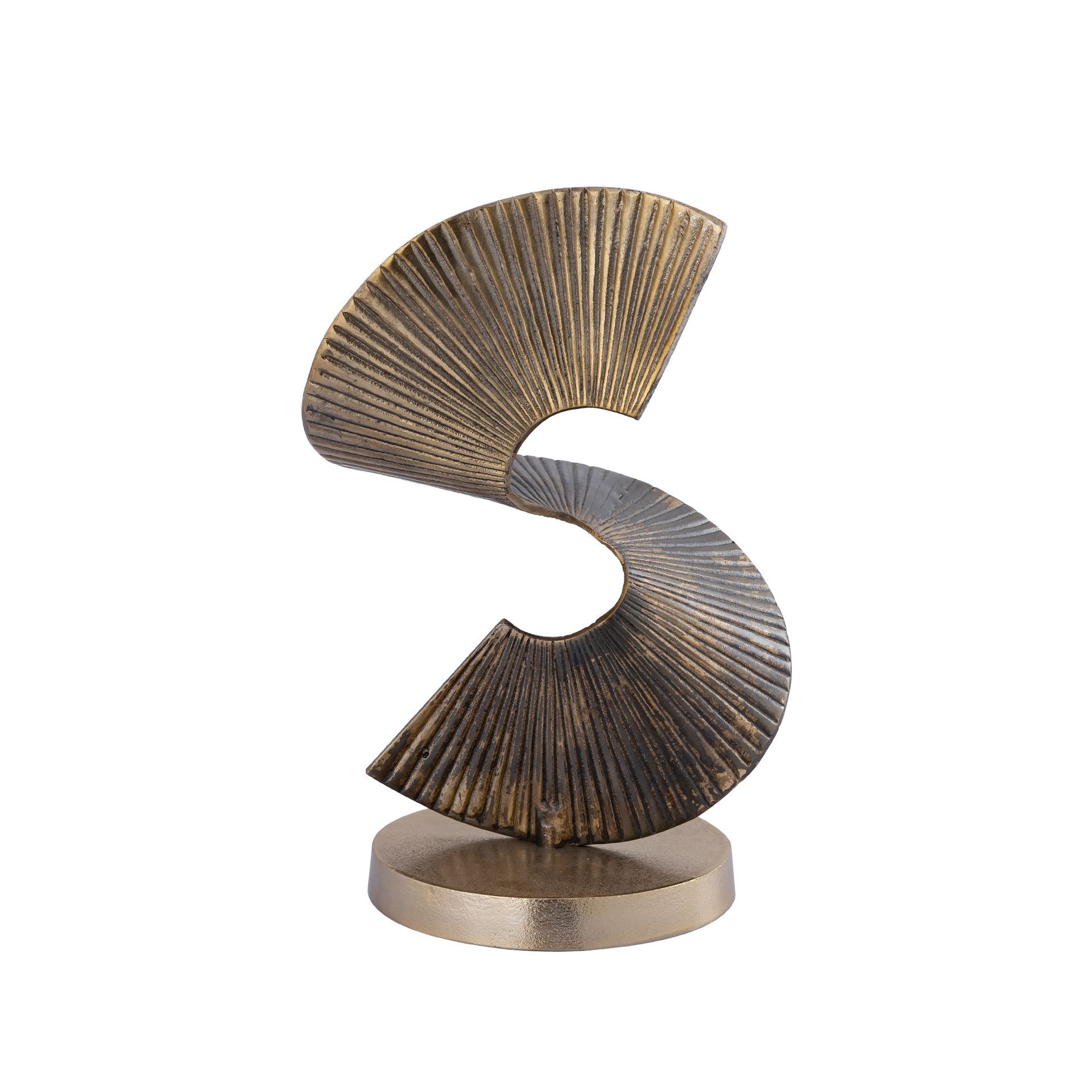 Abstracte bronzen spiraalsculptuur op een ronde sokkel.