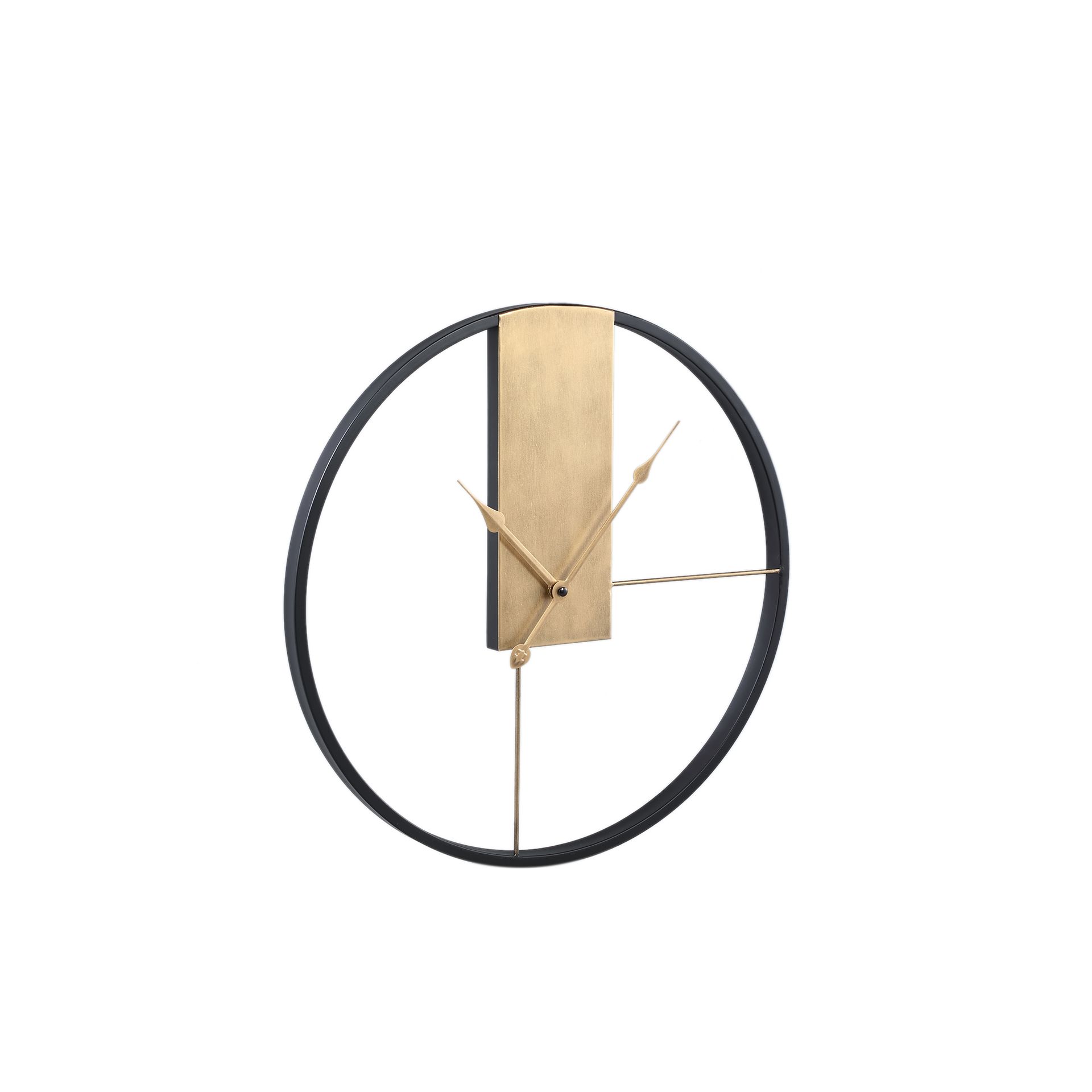 Minimalistische wandklok in goud en zwart met een ronde omlijsting en een rechthoekig middenstuk.