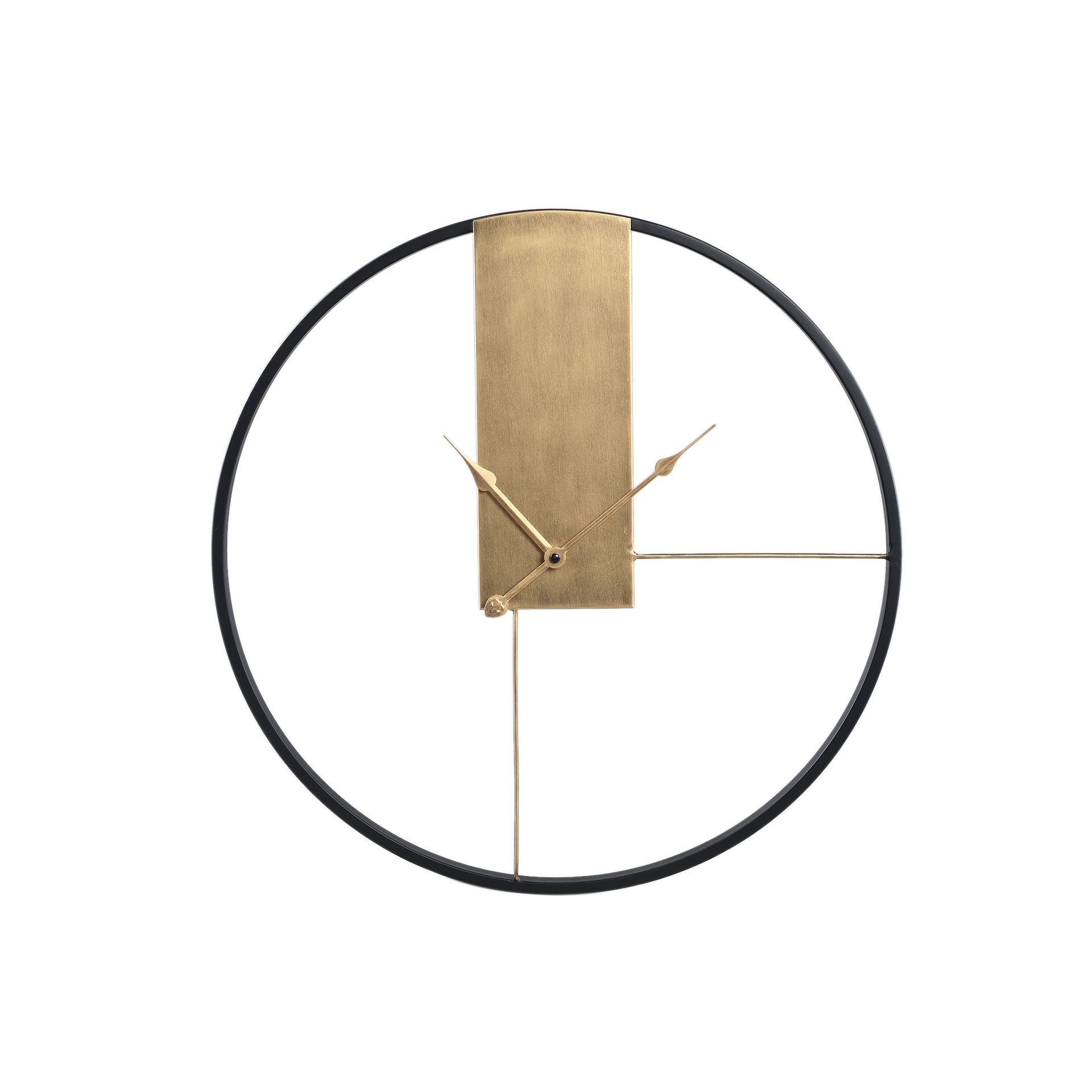 Minimalistische wandklok in goud en zwart met een ronde omlijsting en een rechthoekig middenstuk.