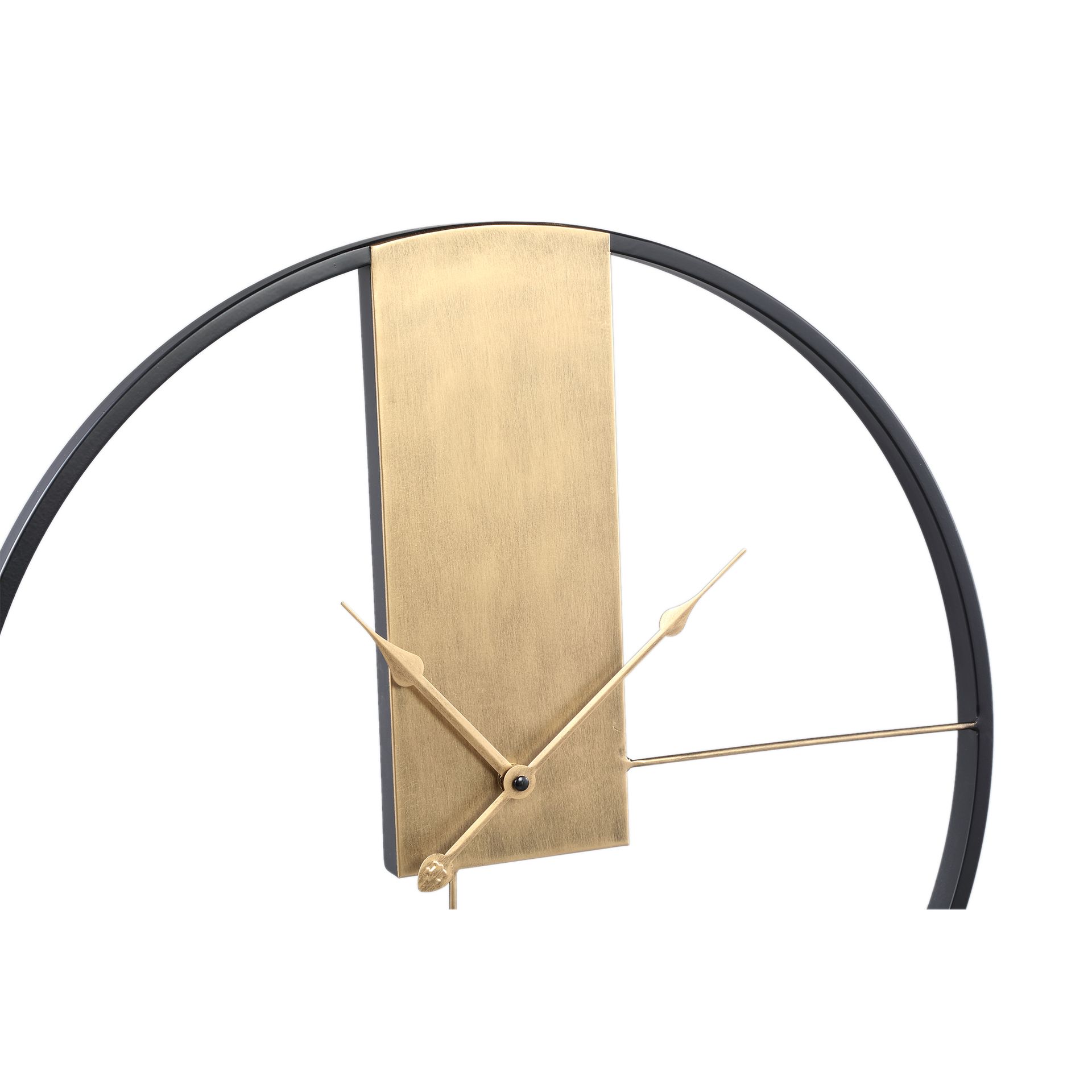 Minimalistische wandklok in goud en zwart met een ronde omlijsting en een rechthoekig middenstuk.