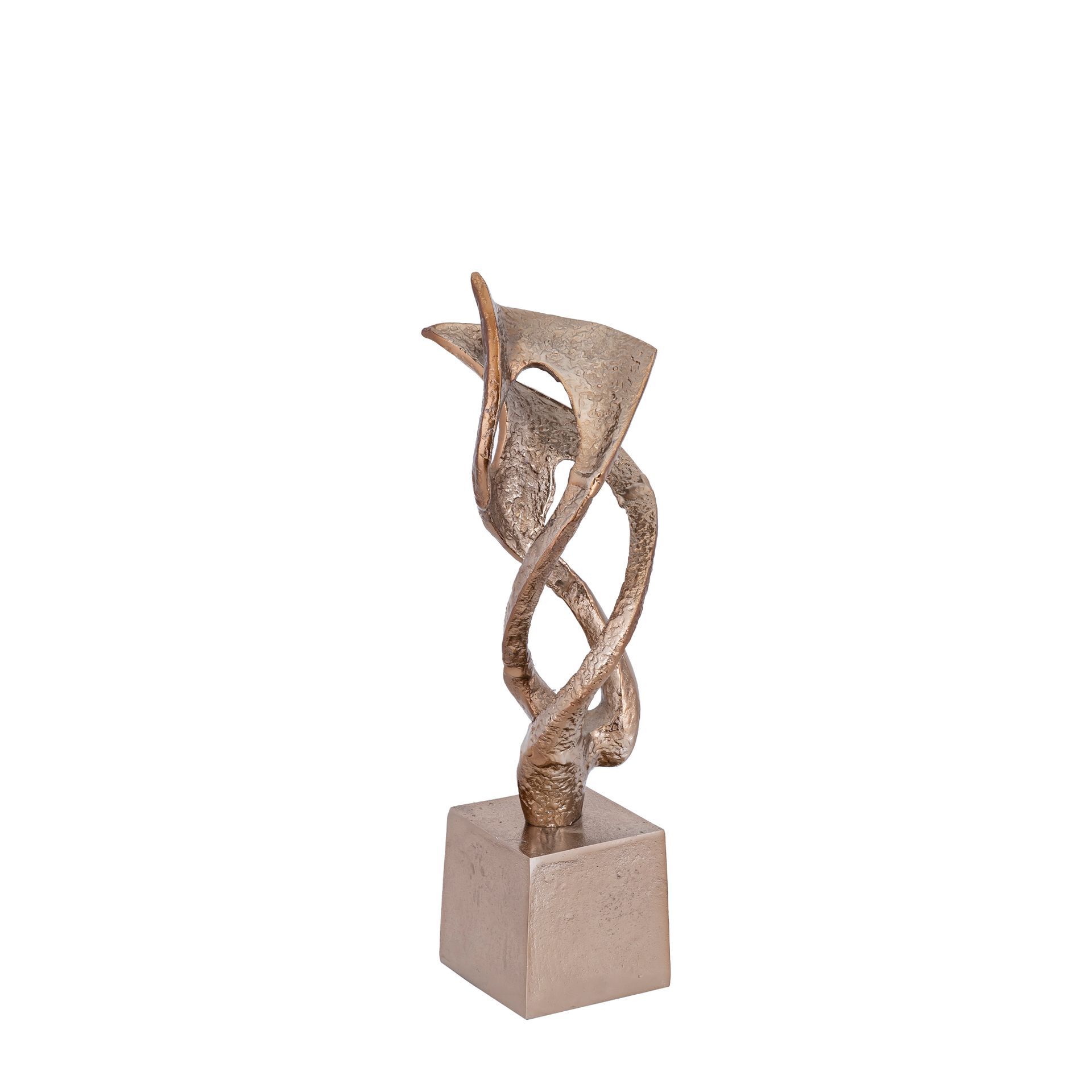 Abstracte bronzen sculptuur op een vierkante sokkel, met in elkaar verstrengelde, vloeiende vormen.