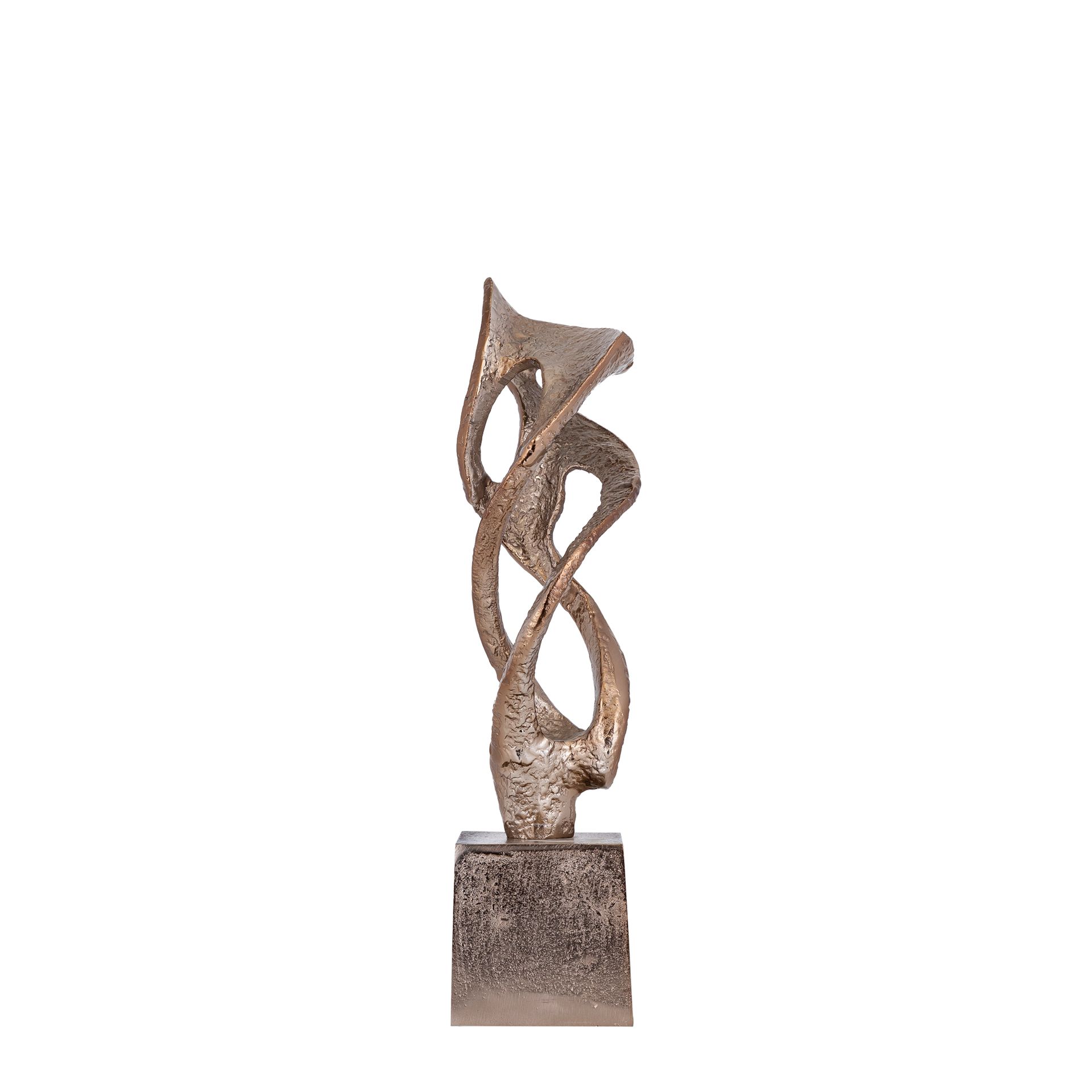 Abstracte bronzen sculptuur op een vierkante sokkel, met in elkaar verstrengelde, vloeiende vormen.